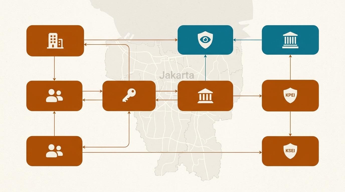 Ilustrasi denah struktur pasar modal Indonesia menampilkan pelaku, produk, dan lembaga